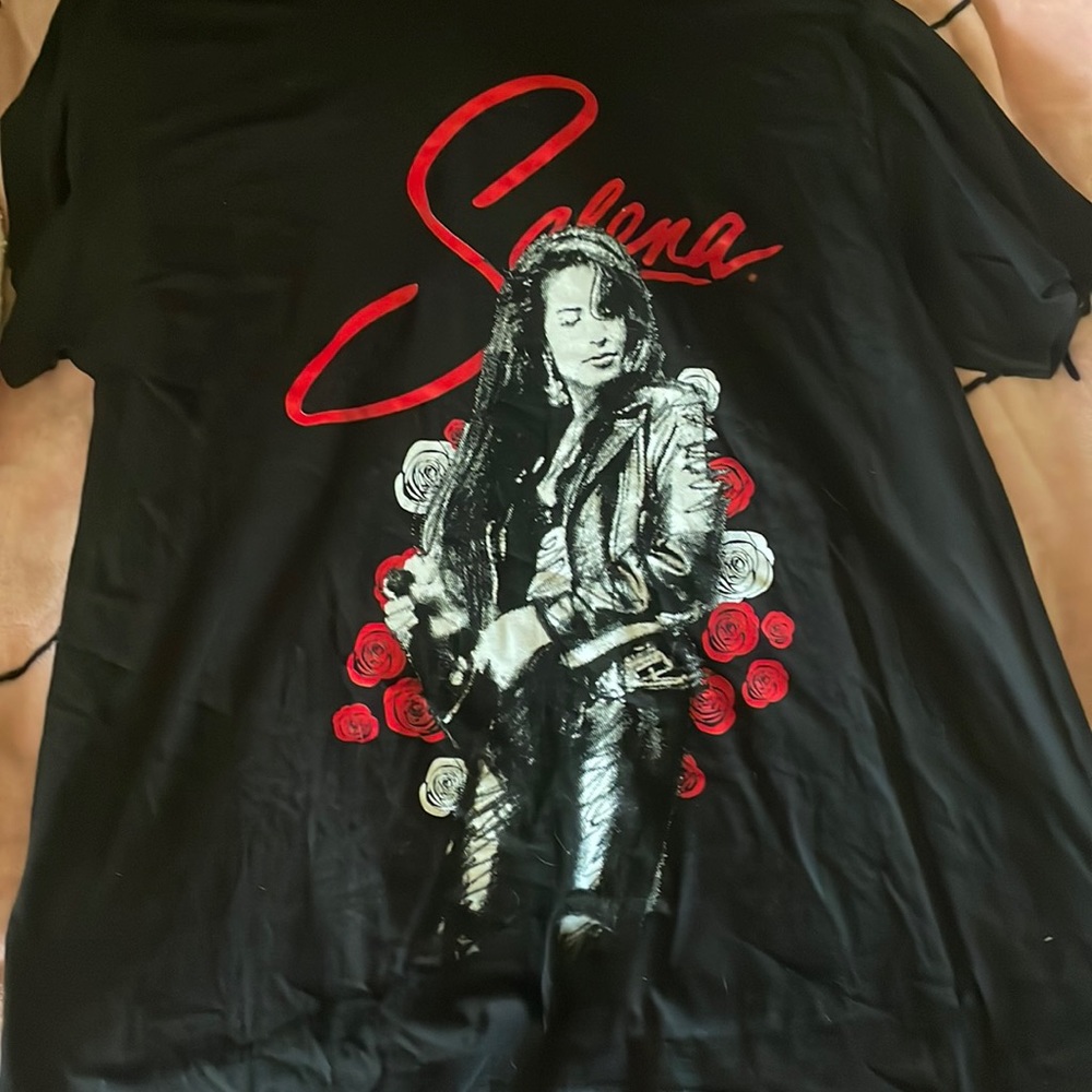 selena t-shirt! black all over with red and white design in the middle.
